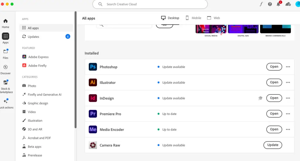 Screenshot of the all apps page in adobe creative cloud 