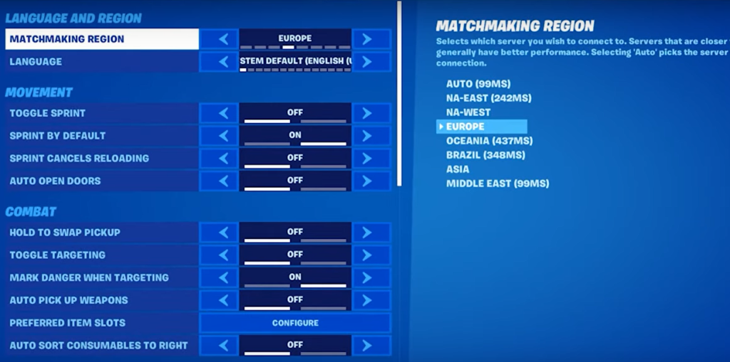 Changing Matchmaking Region in Fortnite
