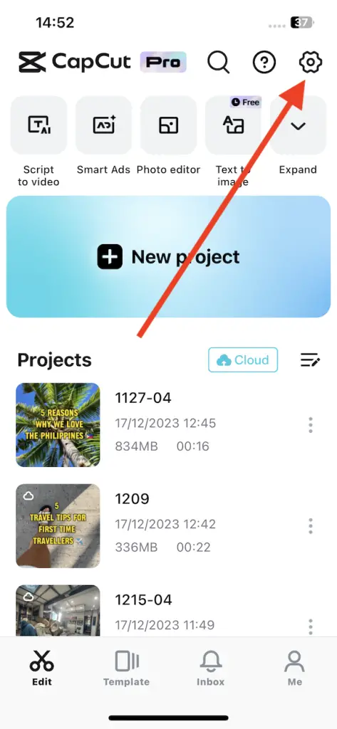 Mobile screenshot of Capcut Projects page