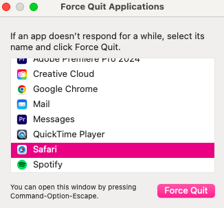 Screenshot of Force Quit Applications page on Mac
