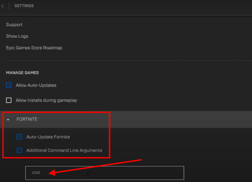 Screenshot of Fortnite settings page