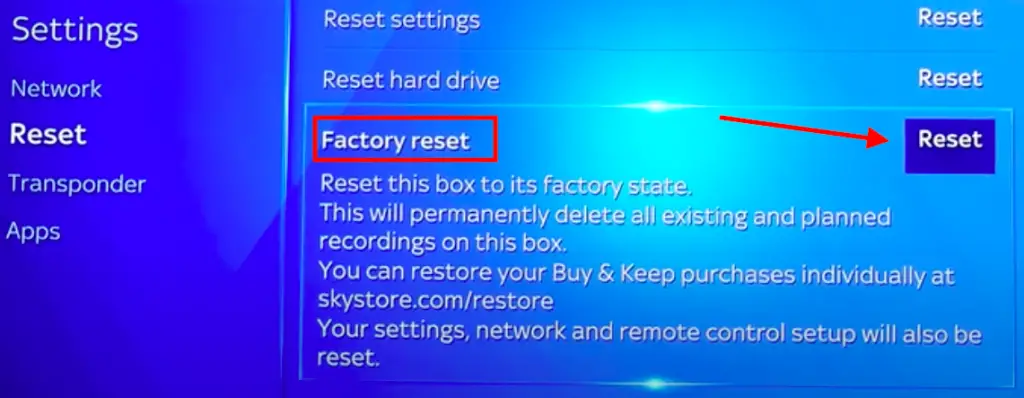 Screenshot of sky settings menu > reset page.