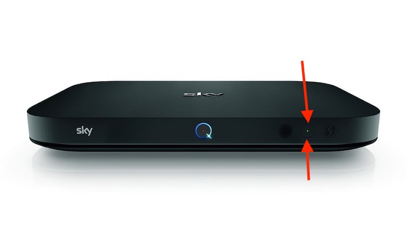 Sky Q Box with arrow to show where the power button is