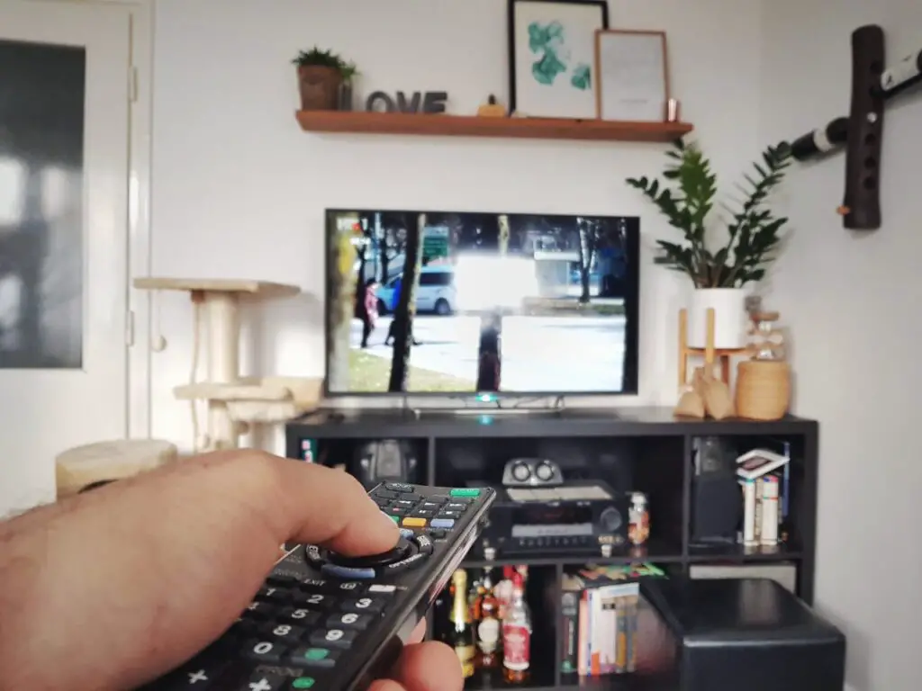 Hand on remote pointing at TV