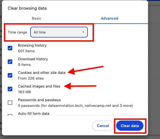 screenshot of clearing browsing data on Google Chrome