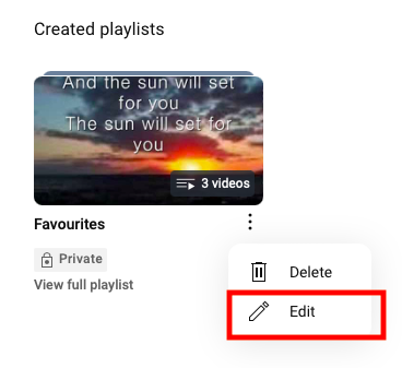 screenshot of created playlists in YouTube