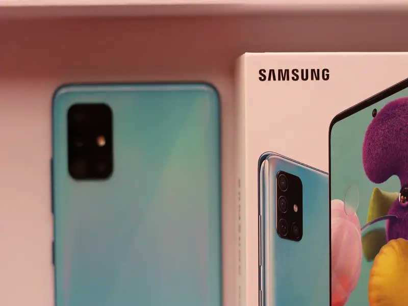 Samsung phone next to the box